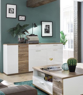 Sideboard "Loren" Board, weiß/Sterling Oak NB, 180x86x43cm, Vitrine, Schrank