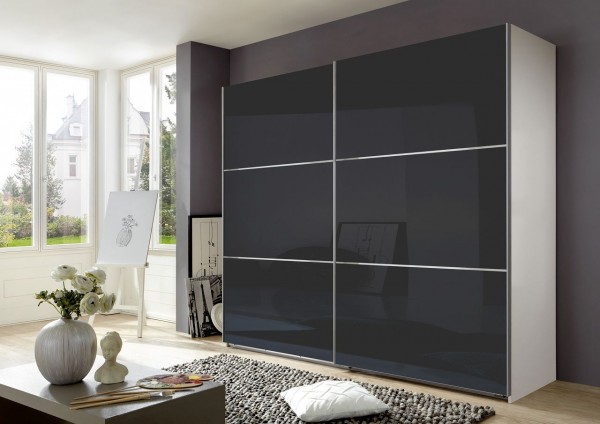 Schwebetürenschrank "Rubino" Alpinweiß, Glaselement in Grey, 250x236x65 cm