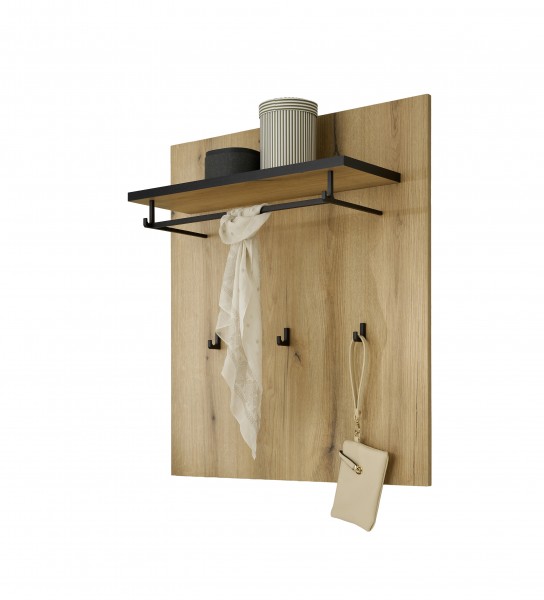 Garderobenpaneel „Alvara“ – Wandgarderobe mit Ablageboden, 3 Haken, Eiche Evoke & Anthrazit
