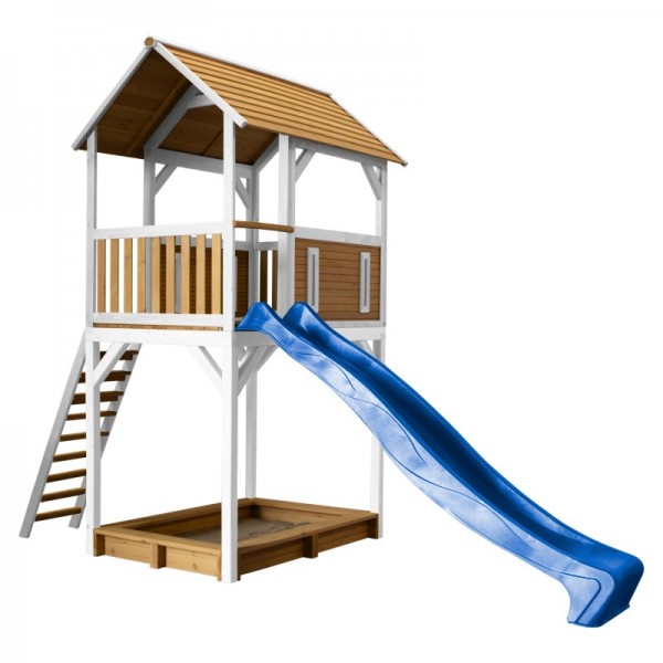 Spielhaus "Sevilla VII" 191x444x321cm Holz braun-weiß Rutsche (blau) Sandkasten