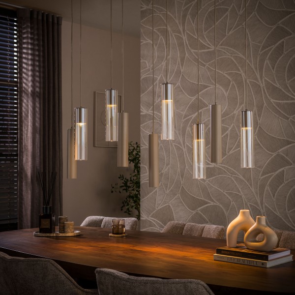 Pendelleuchte „Elira 9L“ – 9-flammig, Zylinderglas, Beige & Sienna Braun