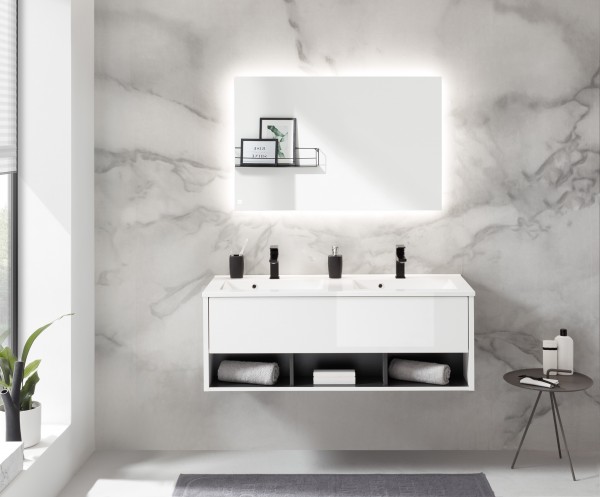 Badezimmer-Set „Studio“ mit LED-Spiegel, wandhängend, inkl. Waschbecken, Weiß/Anthrazit