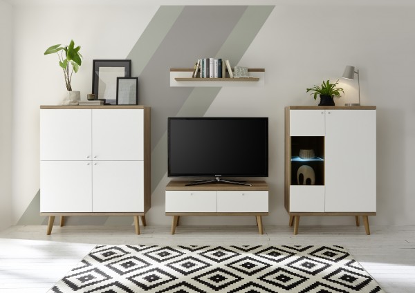 Wohnwand "Scandic IV", Eiche Riviera NB/weiß matt, 4er-Set, 324 (304) x 160 x 19 - 40 cm, Wohnzimmer