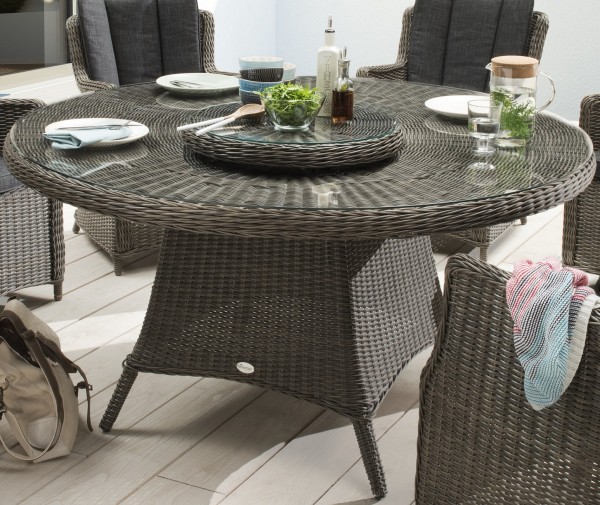 Tisch "Honey", vintage grau, 150 Ø x 75cm, mit Glasplatte + Drehscheibe, Gartentisch, Garten