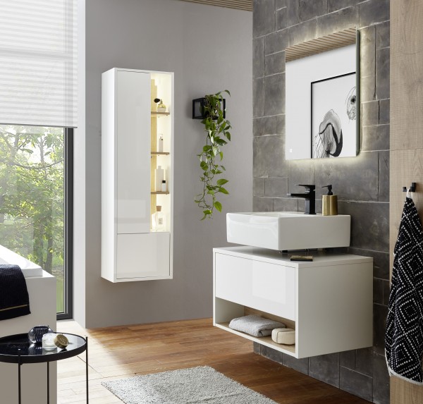 Badezimmer-Set "Studio" 3tlg., Schrank 2 Türen, Waschbecken-Unterschrank 1 Klappe, Spiegel LED Touch