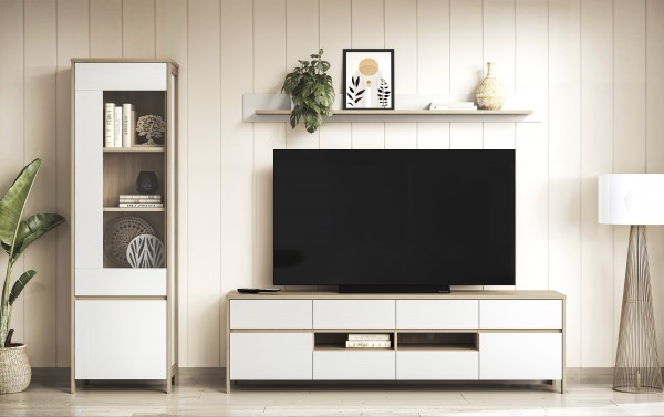 Wohnwand "Stranda Kombi" 3-tlg. Set, Vitrine, Lowboard, Wandboard, Weiß Skandi Eiche