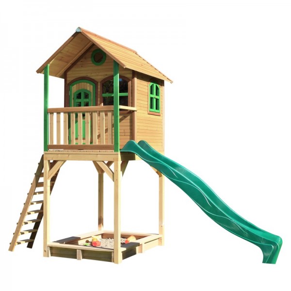 Holzspielhaus "Anka" 191x444x321cm, hemlock Holz, braun-grün, Rutsche+Sandkasten