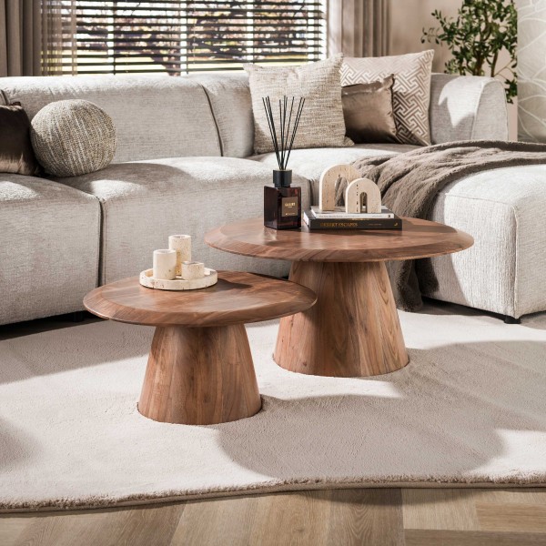 Couchtisch-Set „Ida“ – 2-teilig, Massivholz Akazie, Braun, Rundes Design