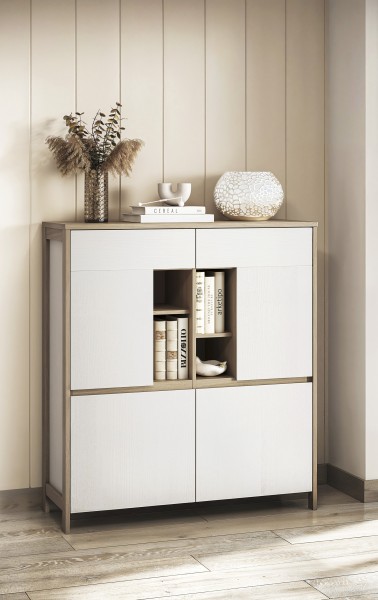 Highboard "Stranda" 4-türig mit Fach, Front Weiß Skandi Eiche, Korpus Weiß Skandi Eiche, Applikation