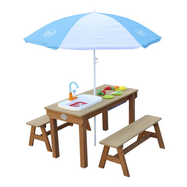 Wasserspieltisch "Zoe" blau braun weiß Holz 94 x 93 x 51 cm mit Kinderspielküche und Sonnenschirm