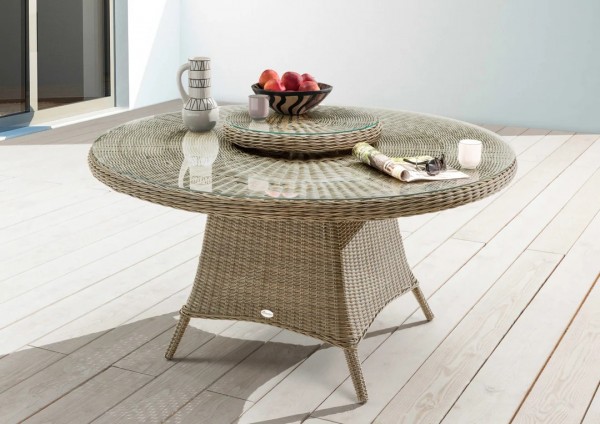 Tisch "Honey", natur meliert, 150 Ø x 75 cm, mit Drehteller (abnehmbar), mit Glasplatte, Gartentisch