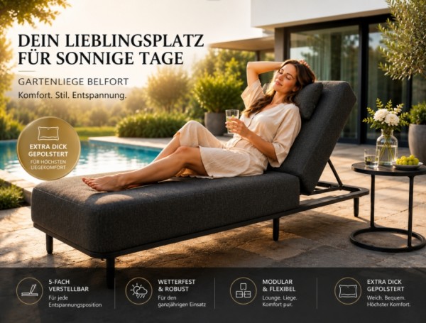 Gartenliege Belfort Anthrazit Gepolsterte Premium Sonnenliege