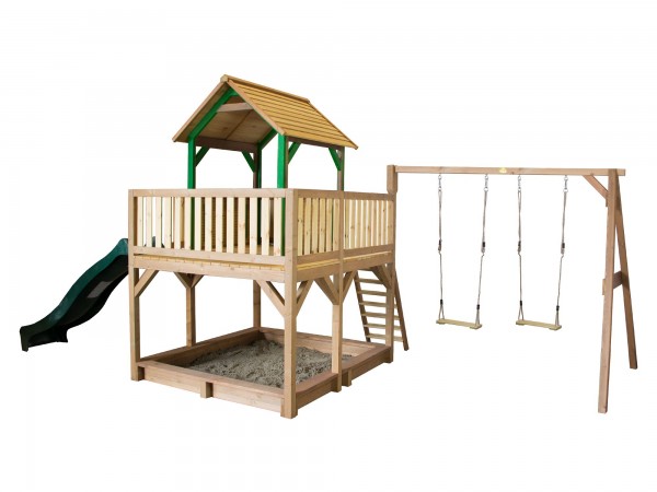 Holzspielhaus "Tafil" mit Veranda + Leiter + Rutsche + Sandkasten + 2x Schaukel 277x613x291cm Holz