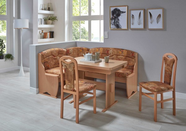 Eckbankgruppe "Trude" Wangentisch 2x Stühle Truheneckbank Buche natur Dekor var. aufbaubar