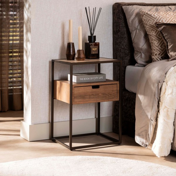 Nachttisch „Cavaro“ – 1 Schublade, Keramik Travertin, Metallrahmen Bronze 40×40×60 cm