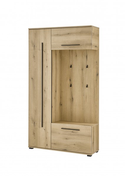 Kompaktgarderobe „Novi“ – 1 Tür, 2 Klappen, Kleiderstange & 4 Haken, Eiche Evoke, 111 cm breit