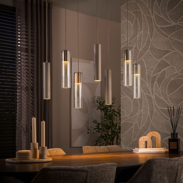 Pendelleuchte „Elira“ – 7-flammig, Zylinderglas, Beige &amp; Sienna Braun