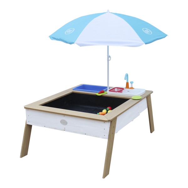 Wasserspieltisch "Sarah" blau braun weiß Holz 100 x 94 x 50 cm mit Kinderspielküche und Sonnenschirm