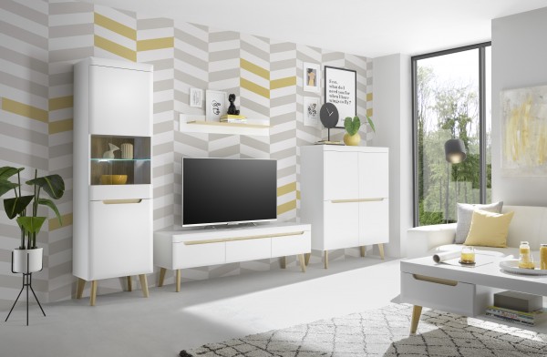 Kombination 4er Set "Lumira" - Highboard, Vitrine, Lowboard, Wandboard, Scandi Oak Dekor
