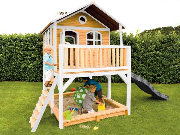 Holzspielhaus "Wieka" weiß braun grau mit Veranda + Leiter + Rutsche + Sandkasten 212x432x293cm