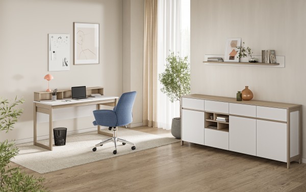 Wohnprogramm "Stranda" 3tlg. Set, Sideboard, Wandboard, Schreibtisch, Weiß Skandi Eiche Dekor, 193x8