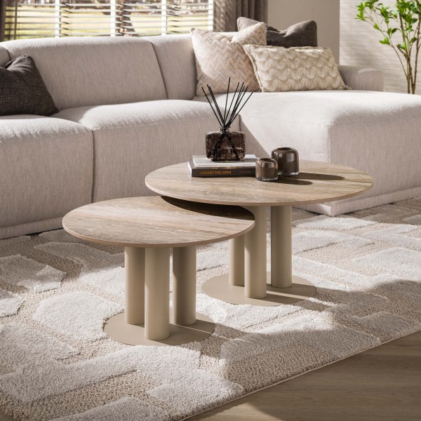 Couchtisch-Set „Lisiko“ – 2-teilig, rund, 3D-Keramik in Travertinoptik, Sand-Beige