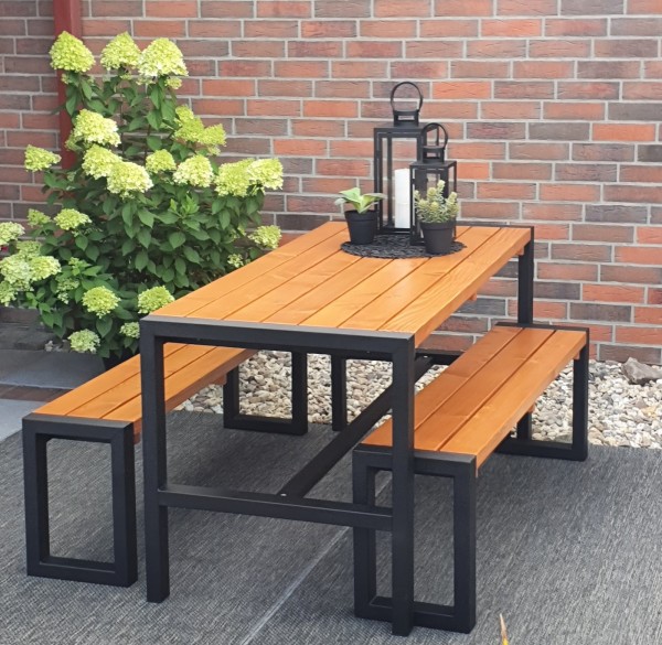 Sitzgarnitur "Norwegen", Kiefer braun lackiert, 2 Bänke + 1 Tisch, Gartengarnitur, Garten