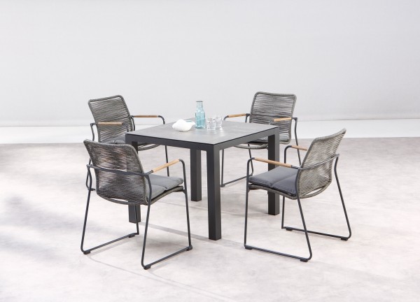 Gartengruppe "Runa" 5-tlg. anthrazit/grau Tisch 90x90cm 4xStapelsessel Strick-Optik Sitzgruppe