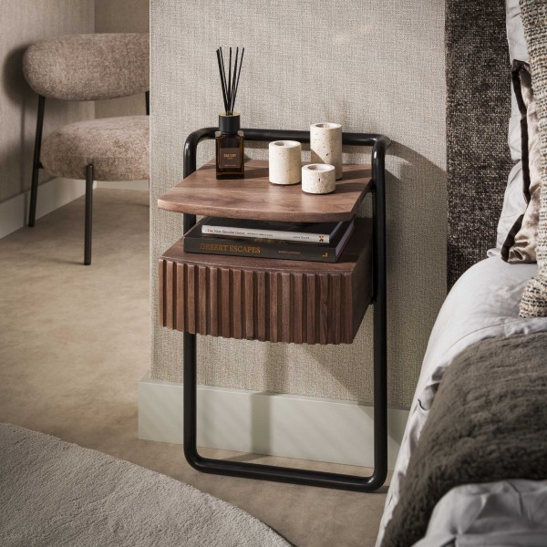 Nachttisch „Lily“ – Schwebend, 1 Schublade, Massivholz Akazie, Braun