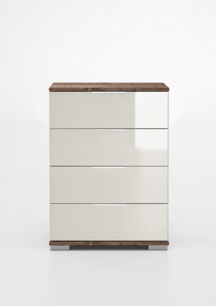 Nachtschrank "Lela 3" Nachtkonsole Schlammeiche NB+Glas Prosecco (4 Schubkästen) 52x74x38cm