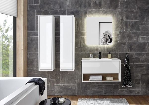 Badezimmer-Set "Studio" 4tlg., 2 Hochschränke, Waschtisch mit Waschbecken, Spiegel mit LED Beleuchtu