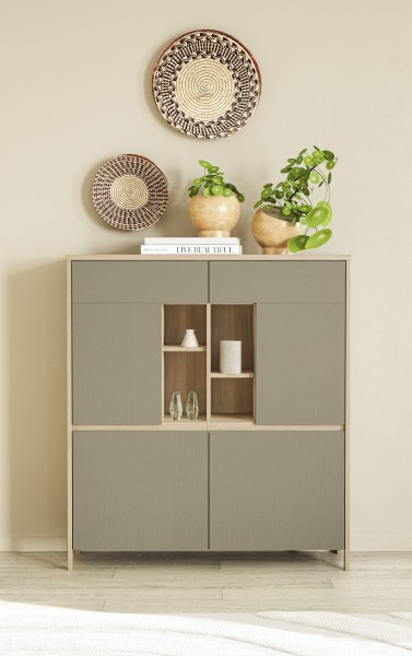 Highboard "Stranda" 4-türig mit Facheinteilung, Eukalyptus Skandi Eiche Dekor, 111x125x39 cm