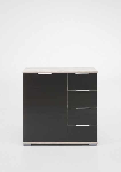 Kombikommode "Olha" Weißeiche NB+Glas grau (1xTür + 4xSchubkästen) 81x83x41cm Board