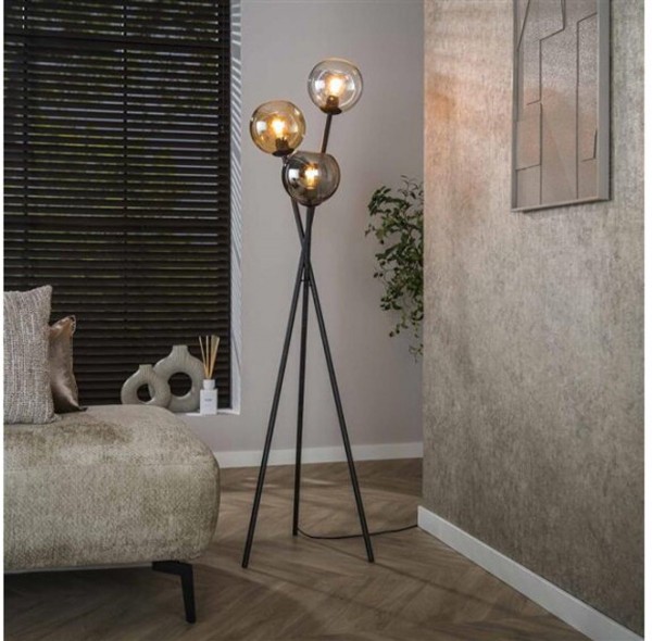 Stehleuchte „Orbia Trio“- 3-Fassungen, Arctic Schwarz,Glasmix Chrom & Bernstein & Klar 45×45×174 cm