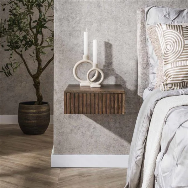 Nachttisch „Vero“ – schwebend, 1 Schublade, Massivholz Akazie braun, 2er-Set 35×35×14 cm