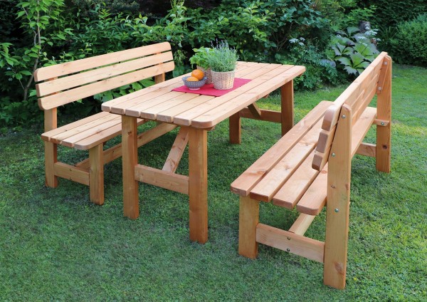 Holz-Garnitur "Regina", 3er-Set, honigbraun, Nadelholz, Gartenset, Gartensitzset, Tisch, Bänke