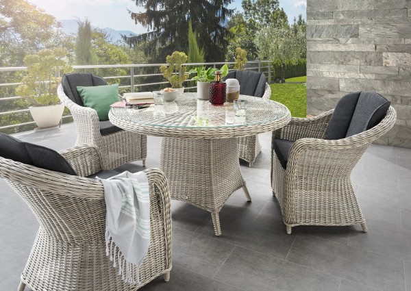 Tisch "Honey", vintage weiß, 120 Ø x 75 cm, mit Glasplatte, Gartentisch, Balkontisch, Garten