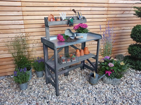 Pflanztisch "Erna" Kiefer grau, 97x45x128cm, klappbar, Blumenpflanztsich, Gartenarbeitstisch, Garten