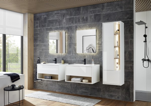 Badezimmer-Set "Studio Line" 5tlg., Schrank, Waschtisch mit Waschbecken, Spiegel mit LED, Weiß/Eiche