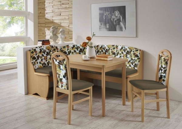 Eckbankgruppe "Tekla" Vierfußtisch 2x Stühle Truheneckbank Buche Natur Dekor var. aufbaubar