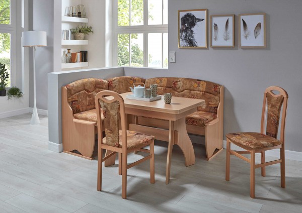 Eckbankgruppe "Trude" Winkelwangentisch 2x Stühle Truheneckbank Buche natur Dekor var. aufbaubar