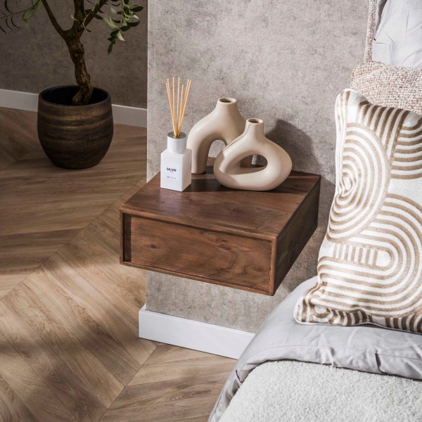 Nachttisch „Evi“ – schwebend, 1 Schublade, Massivholz Akazie braun 35×35×14 cm (2er-Pack)