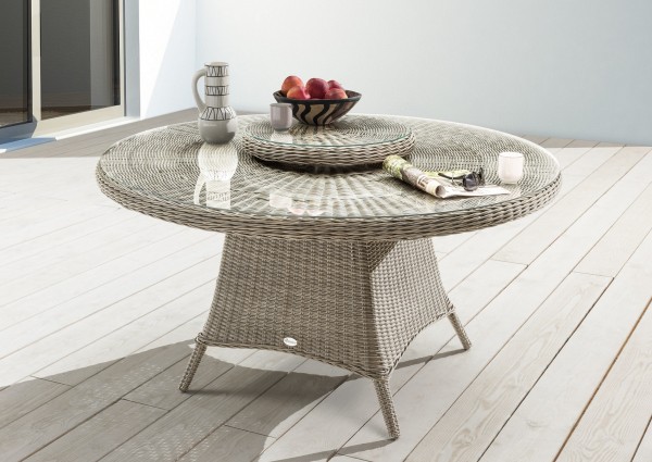 Tisch "Honey", vintage weiß, 150 Ø x 75 cm, mit Glasplatte + Drehscheibe, Gartentisch, Garten