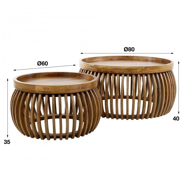 Couchtisch "Lille", 2er Set, Ø80/Ø60, massives Mangoholz