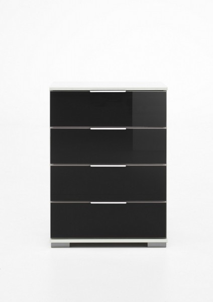 Nachtschrank "Olha 3" Nachtkonsole weiß+Glas schwarz (4 Schubkästen) 52x74x38cm Beistellschrank