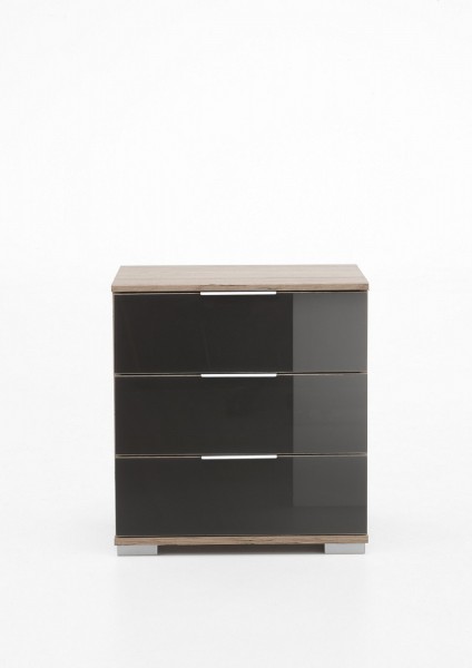 Nachtschrank "Lela 2" Nachtkonsole San Remo-Eiche NB+Glas grau (3 Schubkästen) 52x58x38cm