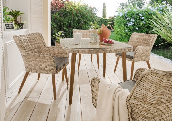 Tisch "Santos", beige/weiß, 100 x 100 x 75 cm, Beine holzfarben, Gartentisch, Balkontisch, Garten