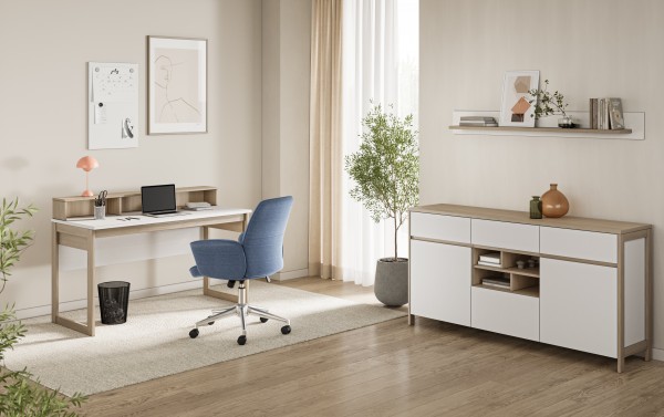 Wohnkombination "Stranda" 3tlg. Set, Sideboard, Schreibtisch mit Aufsatz, Wandboard, Weiss Skandi Ei