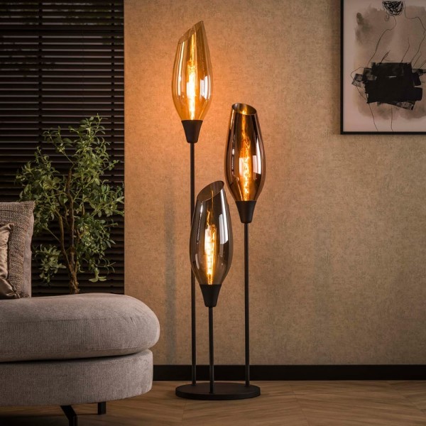 Stehlampe „Lumi Trois XL“, Bernstein/Kupfer/Chrom Glas, Metall, Leuchte für Wohnzimmer & Esszimmer