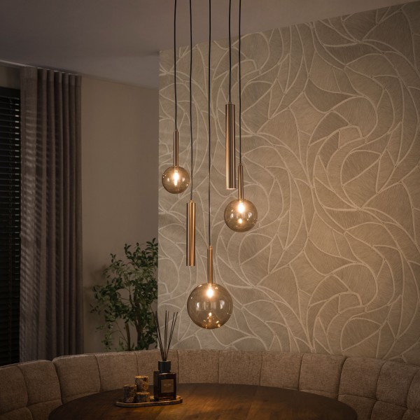 Pendelleuchte „Amara Glow“ – 5-flammig, Glas & Metall, Bernstein-Bronze